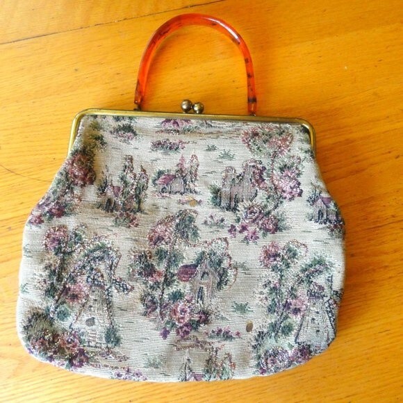 Vintage Tapestry Purse Lucite Handle - Picture 1 of 7